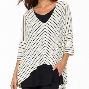 White House Black Market Striped Layered V-Neck High-Low Top Black White Medium